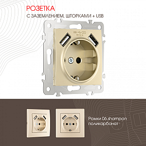 Розетка с заземлением, шторками + 2 USB Arte Milano 206.47-1.shampan