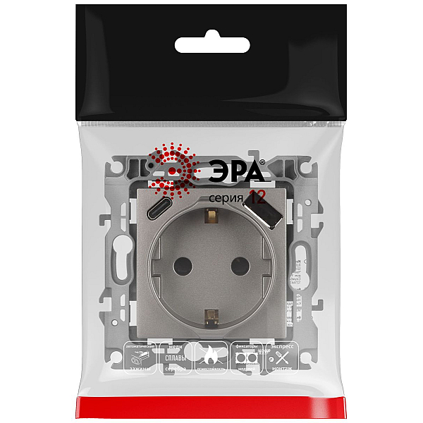 Розетка ЭРА Серия 12 12-4108-16 2P+E 16A-250В со шторками с USB type-A+C 5В-3А титан Б0067762