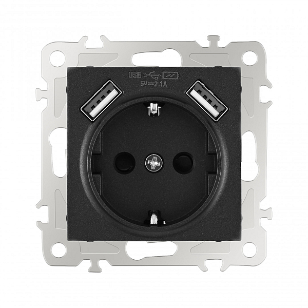 Розетка с заземлением, шторками + 2 USB Arte Milano 206.47-1.black