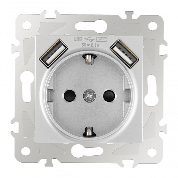 Розетка с заземлением, шторками + USB Arte Milano 203.47-1.silver