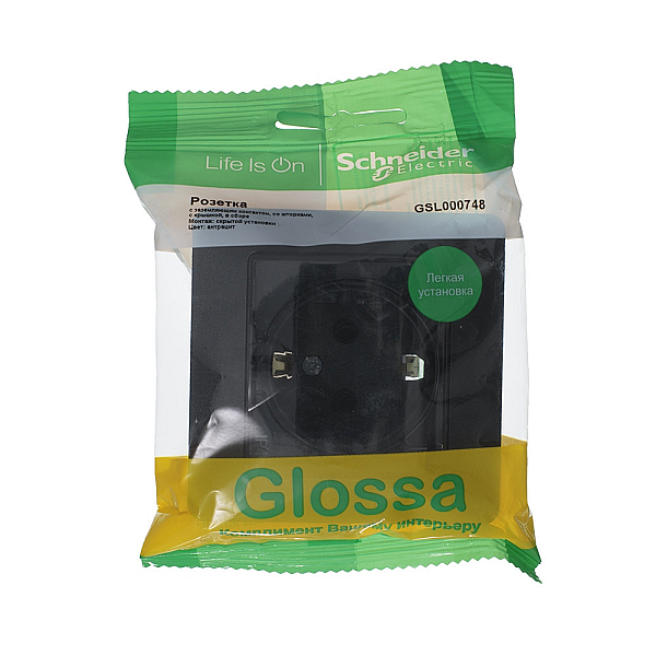 Розетка 2К+З Systeme Electric Glossa 16A 250V со шторками и крышкой антрацит GSL000748
