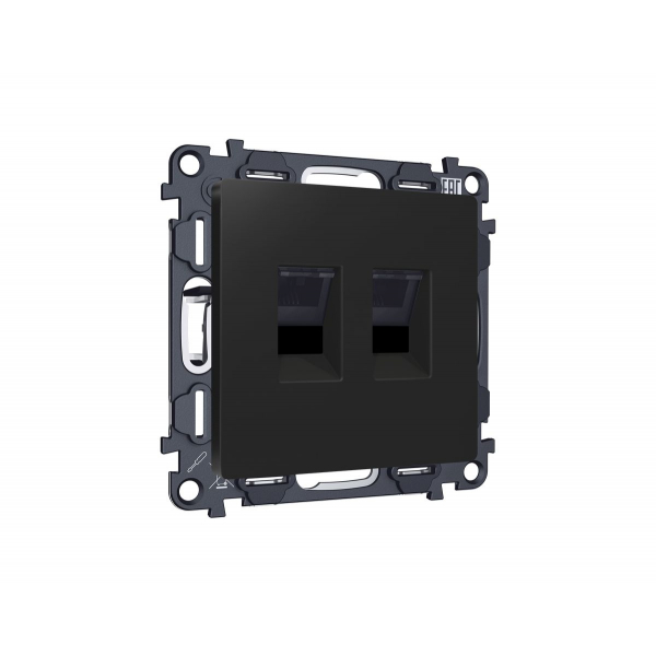 Комплект механизма компьютерной двойной розетки RJ-45 Ambrella Volt MA812110 (8P8C) CAT6 с автоматической защитной шторкой Alfa Черный матовый Quant