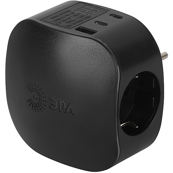Разветвитель электрический ЭРА SP-3e-3USBAC-B на 3 розетки + 3 USB A+C с заземлением со шторками 16А черный Б0069082