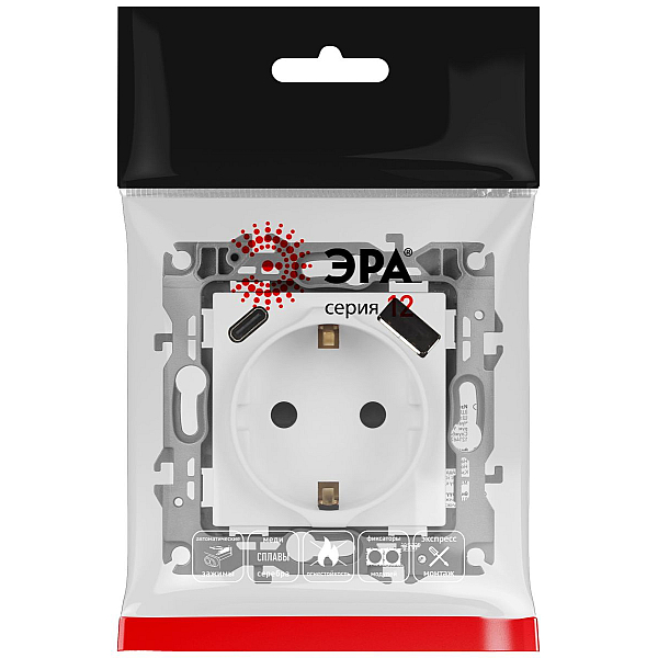 Розетка ЭРА Серия 12 12-4108-01М 2P+E 16A-250В со шторками с USB type-A+C 5В-3А белый матовый Б0067711