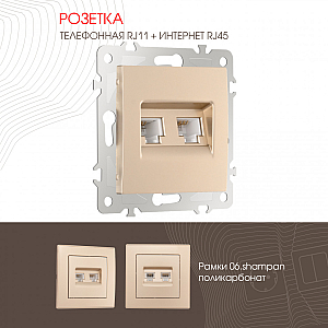 Розетка телефонная RJ11 + компьютерная RJ45 Arte Milano 206.44-1.shampan