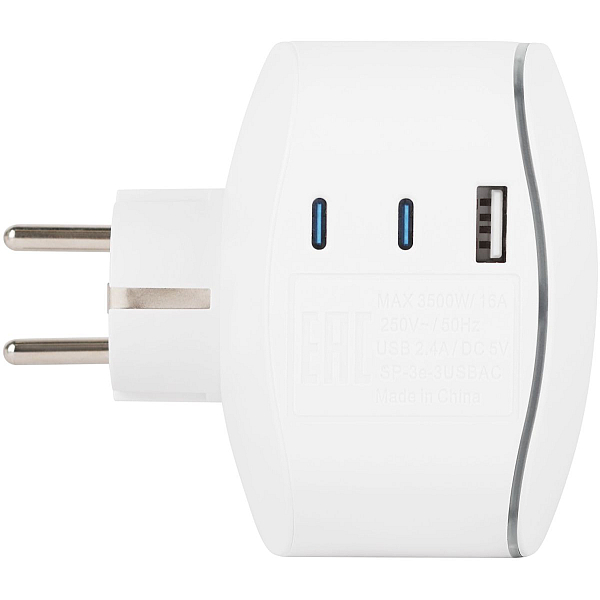 Разветвитель электрический ЭРА SP-3e-3USBAC-W на 3 розетки + 3 USB A+C с заземлением со шторками 16А белый Б0069081