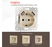 Розетка с заземлением, шторками + USB Arte Milano 203.47-1.shampan