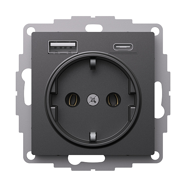 Розетка 16А с 2 USB A+C, 5В/2,4А/3,0А, 2х5В/1,5А, Systeme Electric AtlasDesign Базальт ATN001432