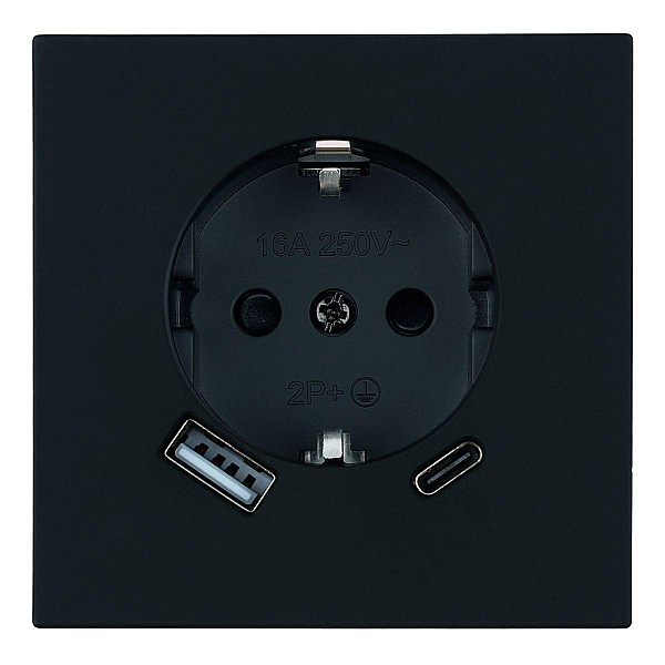 Розетка 1-местная з/ш с/з 16А + USB + Type C (механизм), Stekker, 250В, 20W Мия, RST16-3119-05, черный бархат 50452