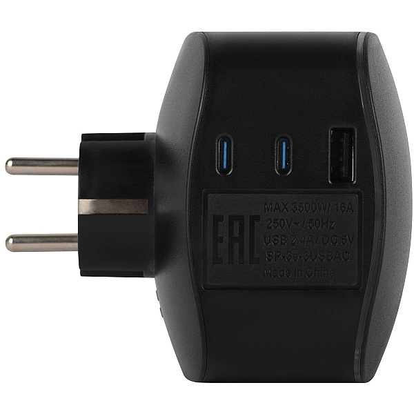 Разветвитель электрический ЭРА SP-3e-3USBAC-B на 3 розетки + 3 USB A+C с заземлением со шторками 16А черный Б0069082