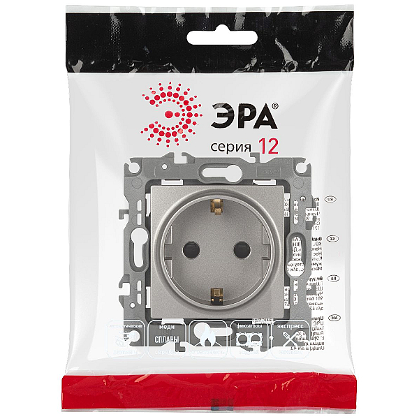 Розетка ЭРА Серия 12 12-2102-16 2P+E Schuko со шторками 16А-250В Эра12 титан Б0065651