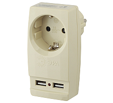 Разветвитель электрический Эра SP-1e-USB-I на 1 розетку + 2 USB с заземлением 16А сл. кость Б0027836