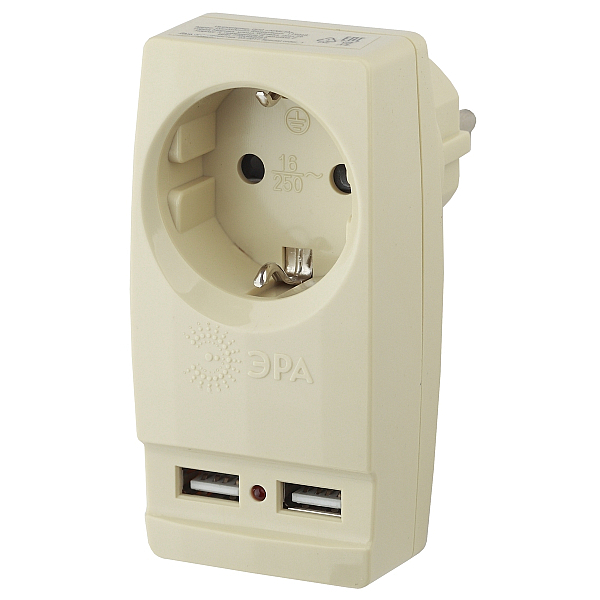 Разветвитель электрический Эра SP-1e-USB-I на 1 розетку + 2 USB с заземлением 16А сл. кость Б0027836