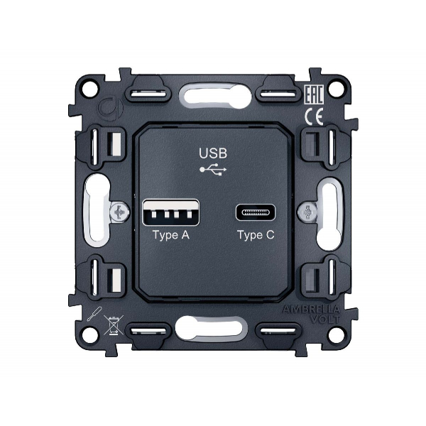 Механизм розетки 2USB A+C 20W (быстрая зарядка) Ambrella Volt Quant VM177 Механизм розетки 2USB A+C 20W (быстрая зарядка) Ambrella Volt Quant VM177