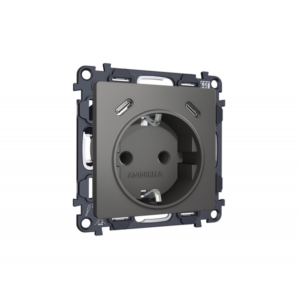Комплект механизма электрической розетки 2USB С+C 20W с/з на винтовых зажимах 16A-250V Alfa Антрацит серый Quant Ambrella Volt MA660510 (AP6605, VM165)