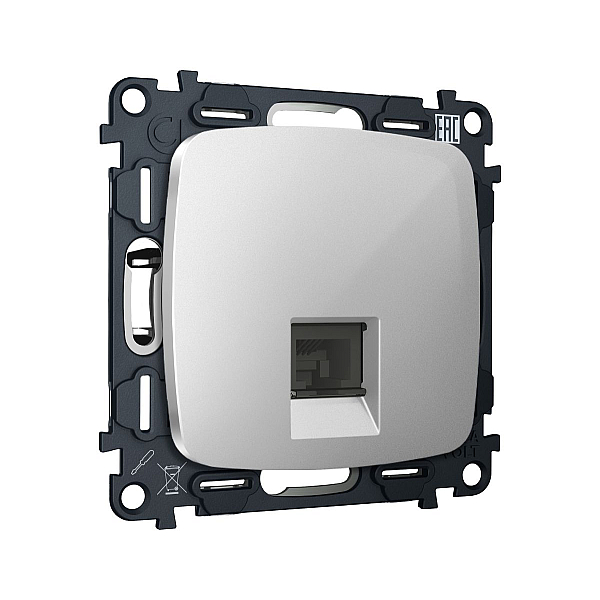 Комплект механизма компьютерной розетки Ambrella Volt RJ-45 (8P8C) CAT6A экранированной с автоматической защитной шторкой OMEGA MO412005 Серебро глянец QUANT (OP4120, VM185)
