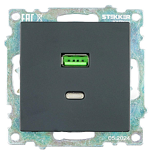 Розетка 2-местная USB + type C Stekker Катрин GLS10-7116-05 50055