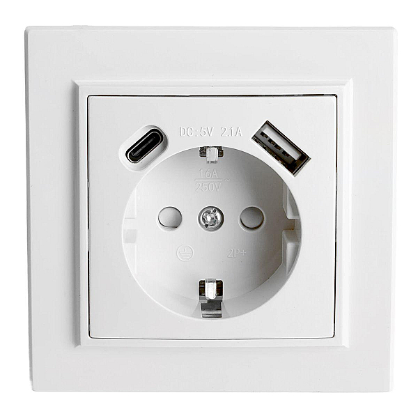 Розетка 1-местная Stekker, PST16-9016-01, 250В, 2.1А с USB+ type C Эрна, белый 50076