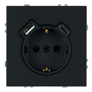 Розетка 1-местная з/ш с/з 16А + USB + Type C (механизм) Stekker Эмили 250В 20W черный уголь soft-touch RST16-5119-05 50218