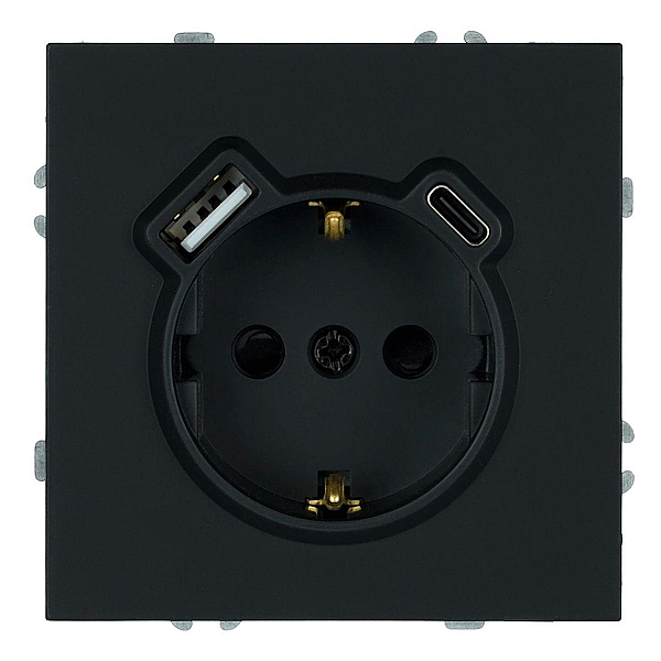 Розетка 1-местная з/ш с/з 16А + USB + Type C (механизм), Stekker, 250В, 20W Эмили, черный уголь, soft-touch, RST16-5119-05 50218