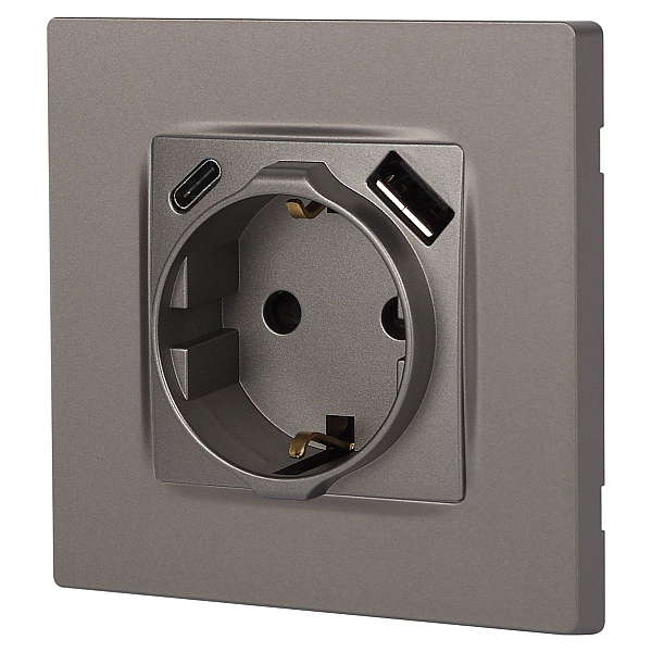 Розетка ЭРА Серия 12 12-4108-16 2P+E 16A-250В со шторками с USB type-A+C 5В-3А титан Б0067762