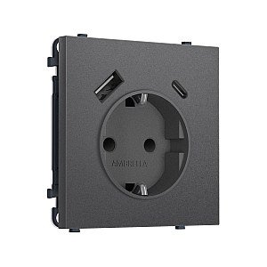 Комплект механизма электрической розетки SIGMA Антрацит серый 2USB A+C 20W Ambrella Volt MS660010 (SP6600, PR160)
