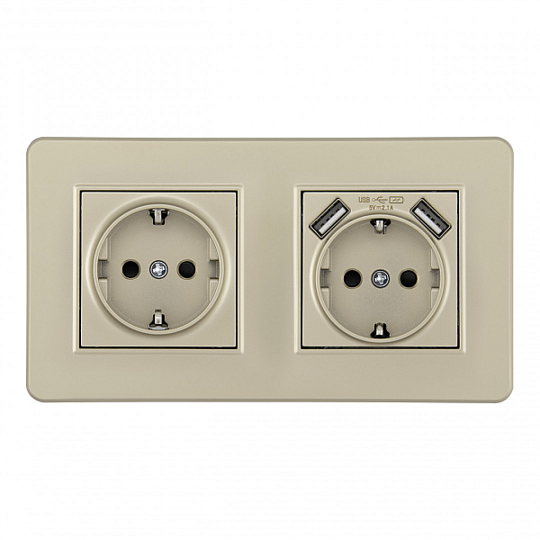 Розетка двойная (двухпостовая) с/з и шторками + USB Arte Milano SET16-2-47-1-40-1 shampan