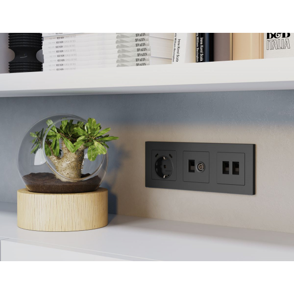 Комплект механизма компьютерной двойной розетки RJ-45 с автоматической защитной шторкой Alfa Графит мягкое касание Quant Ambrella Volt MA912110 (AP9121, VM189)