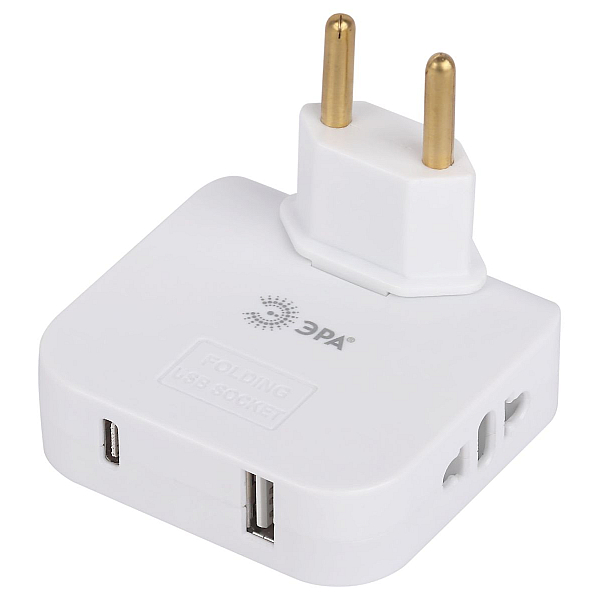 Разветвитель электрический Эра SPF-2-FL-USBC поворотный на 2 розетки + 2USB A+C 10А белый Б0069090