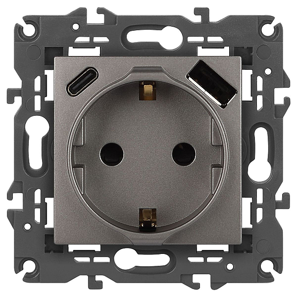 Розетка ЭРА Elegance 14-4108-16 2P+E 16A-250В со шторками с USB type-A+C 5В-3А титан Б0067695
