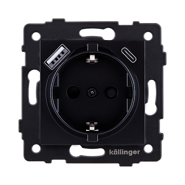 Розетка штепсельная SCHUKO 16A/250 В с USB A+C 20W, черный Kollinger REA-004BK для Aspekt, Eleganz, Reflex