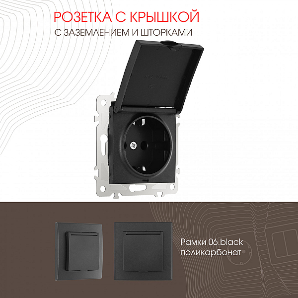 Розетка с заземлением, шторками и защитной крышкой Arte Milano 206.41-1.black