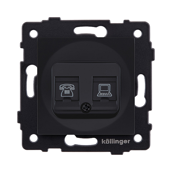 Розетка двойная RJ11 + RJ45 Cat.6, черный матовый Kollinger REA-011BM для Aspekt, Eleganz, Reflex