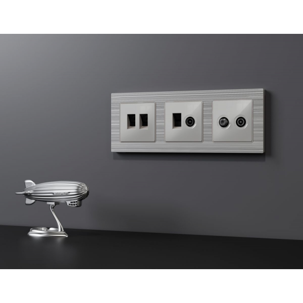 Комплект механизма компьютерной двойной розетки RJ-45 Ambrella Volt MA412110 (8P8C) CAT6 с автоматической защитной шторкой Alfa Серебро глянец Quant