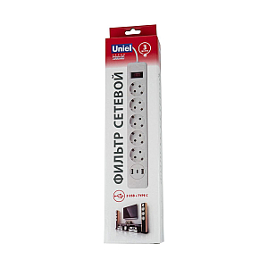 Сетевой фильтр серии Standard. шнур 3м Пвс 3х0.75. 5 гнезд. с-з. 2USB+1TYPE C. 10A. 2500Вт Uniel S-GSR5-3 U2C1 WHITE/GREY UL-00012109
