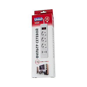 Сетевой фильтр серии Uniel Standard. шнур 1.5м Пвс 3х0.75. 3 гнезда. с-з. 2USB+1TYPE C. 10A. 2500Вт. S-GSR3-1,5 U2C1 WHITE/GREY UL-00012107