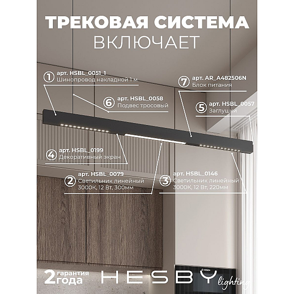 Трековая система со светильниками №8 трехфазная подвесная Eldeko (48В, форма - прямая, 1м, 3000K) черная Hesby Lighting HSBL_kompl_E008_PI1B3K