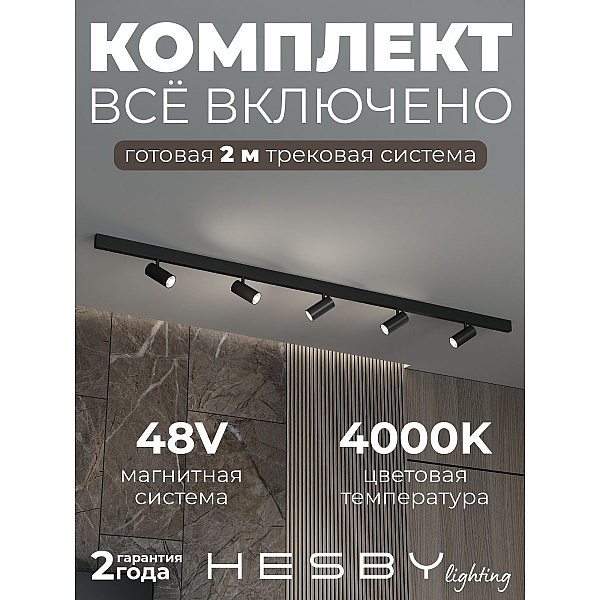 Трековая система со светильниками №3 трехфазная накладная Eldeko (48В, форма - прямая, 2м, 4000K) черная Hesby Lighting HSBL_kompl_E003_NI2B4K