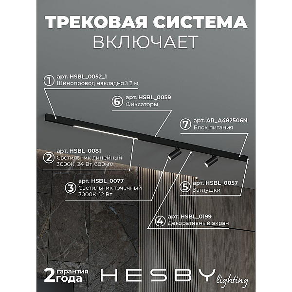 Трековая система со светильниками №5 трехфазная накладная Eldeko (48В, форма - прямая, 2м, 3000K) черная Hesby Lighting HSBL_kompl_E005_NI2B3K