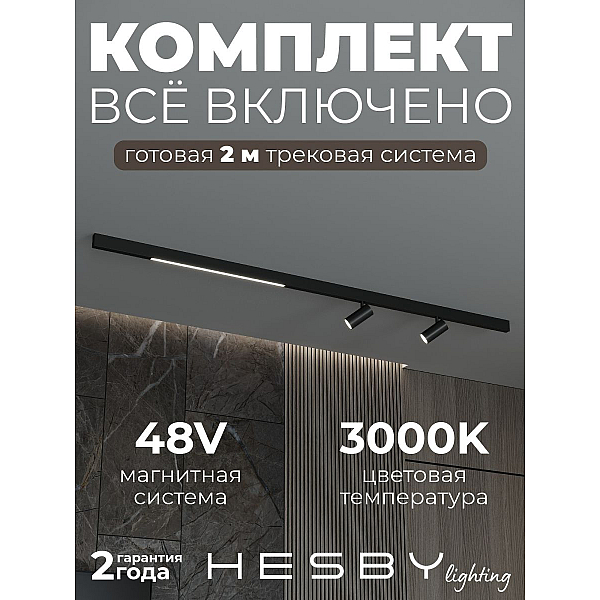 Трековая система со светильниками №5 трехфазная накладная Eldeko (48В, форма - прямая, 2м, 3000K) черная Hesby Lighting HSBL_kompl_E005_NI2B3K