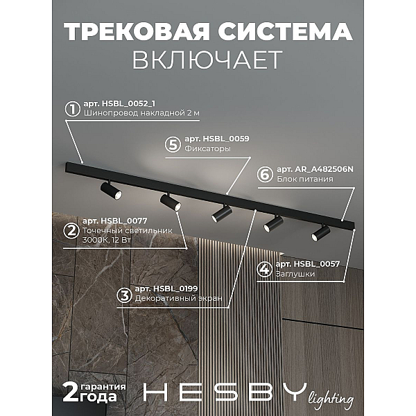 Трековая система со светильниками №3 трехфазная накладная Eldeko (48В, форма - прямая, 2м, 3000K) черная Hesby Lighting HSBL_kompl_E003_NI2B3K