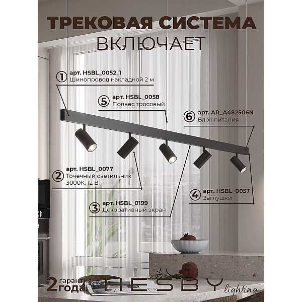 Трековая система со светильниками №3 трехфазная подвесная Eldeko (48В, форма - прямая, 2м, 3000K) черная Hesby Lighting HSBL_kompl_E003_PI2B3K