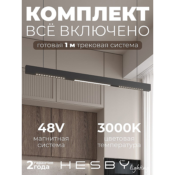 Трековая система со светильниками №8 трехфазная подвесная Eldeko (48В, форма - прямая, 1м, 3000K) черная Hesby Lighting HSBL_kompl_E008_PI1B3K