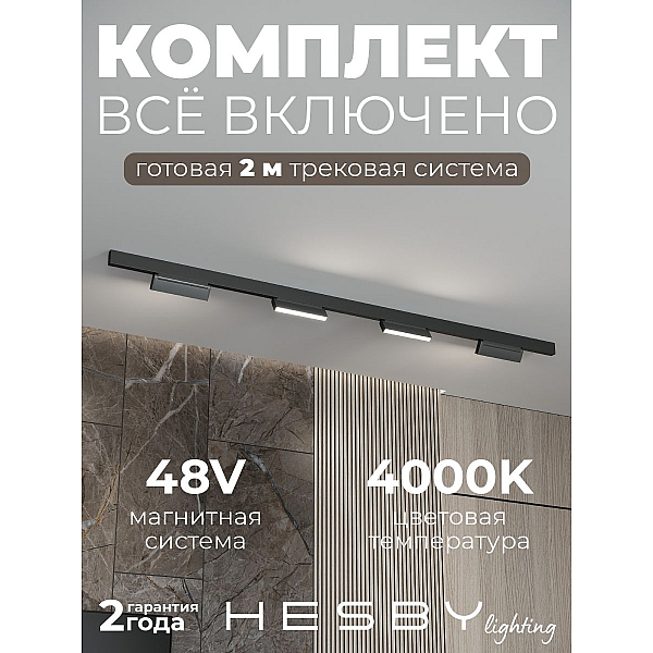Трековая система со светильниками №4 трехфазная накладная Eldeko (48В, форма - прямая, 2м, 4000K) черная Hesby Lighting HSBL_kompl_E004_NI2B4K