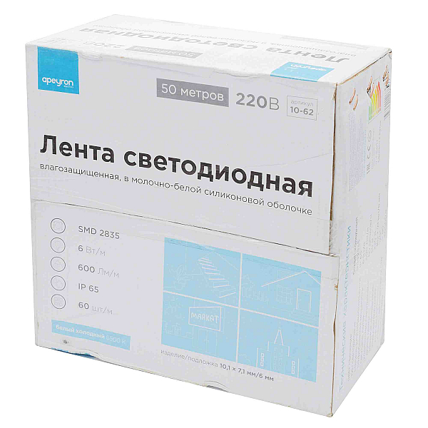 Светодиодная влагозащищенная лента Apeyron 6W/m 60LED/m 2835SMD холодный белый 50M 10-62