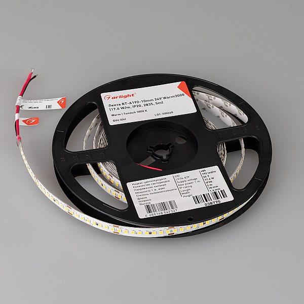 Светодиодная лента Arlight RT-A192-10mm 24V Warm3000 (17.6 W/m, IP20, 5m) (высок.эфф.150 лм/Вт) 038775(1)