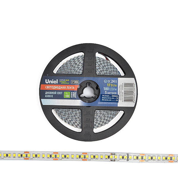 Светодиодная лента Uniel ULS-2835-180LED/m-10mm-IP20-DC24V-17W/m-5M-6500K катушка в герметичной упаковке
