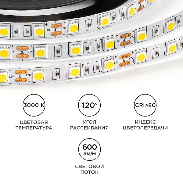 Светодиодная лента OGM 12В 5050 14,4Вт/м 3000К 600Лм/м 5м IP20 LSE-268