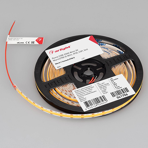Светодиодная лента Arlight COB-X360-8mm 5V Warm2700 (5 W/m, IP20, 5m)  041706(1)