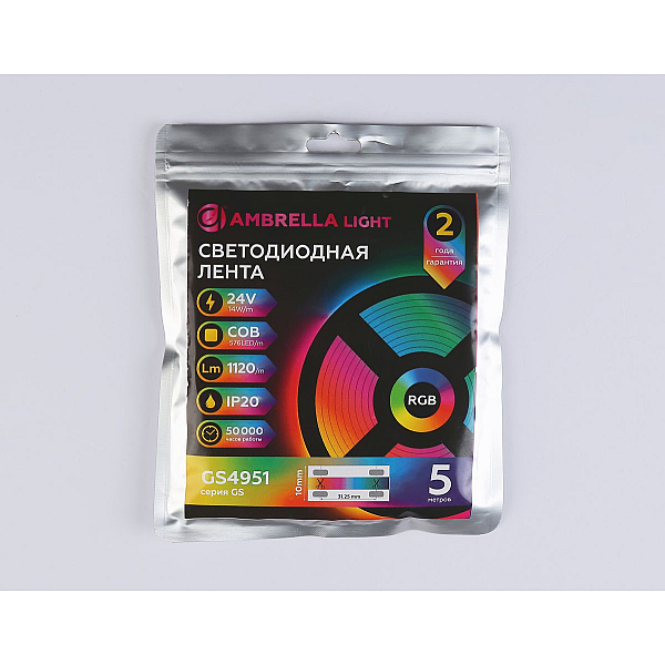 Светодиодная лента Ambrella Light Illumination COB 576Led/ 14W m/ 24V IP20 RGB/ 5m*10mm*3mm (4 конт.) GS4951
